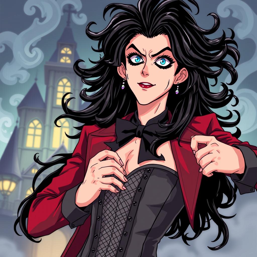 An anime-style illustration of Frank-N-Furter from 'The Rocky Horror Picture Show', featuring the character with striking anime features: long, flowing black hair with wild curls, captivating large eyes highlighted by makeup, and an alluring expression