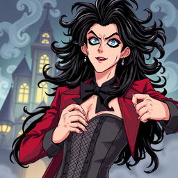 An anime-style illustration of Frank-N-Furter from 'The Rocky Horror Picture Show', featuring the character with striking anime features: long, flowing black hair with wild curls, captivating large eyes highlighted by makeup, and an alluring expression