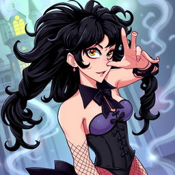 An anime-style illustration of Frank-N-Furter from 'The Rocky Horror Picture Show', featuring the character with striking anime features: long, flowing black hair with wild curls, captivating large eyes highlighted by makeup, and an alluring expression