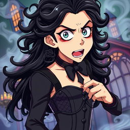 An anime-style illustration of Frank-N-Furter from 'The Rocky Horror Picture Show', featuring the character with striking anime features: long, flowing black hair with wild curls, captivating large eyes highlighted by makeup, and an alluring expression