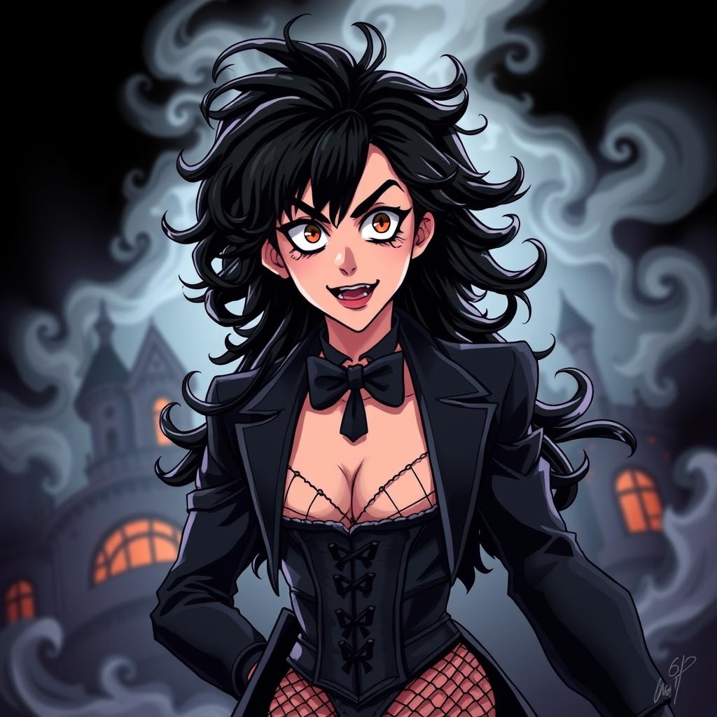 An anime-style illustration of Frank-N-Furter from 'The Rocky Horror Picture Show', featuring the character with striking anime features: long, flowing black hair with wild curls, captivating large eyes highlighted by makeup, and an alluring expression