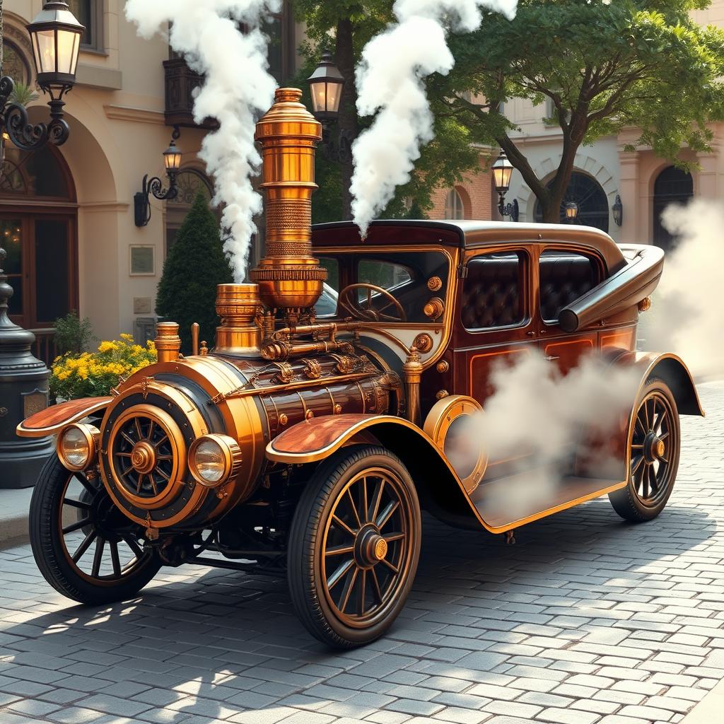 A luxurious steampunk car, beautifully designed with ornate brass details, intricate gears and tubes, and vintage leather upholstery