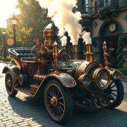 A luxurious steampunk car, beautifully designed with ornate brass details, intricate gears and tubes, and vintage leather upholstery