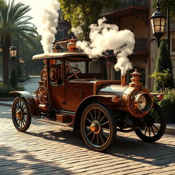 A luxurious steampunk car, beautifully designed with ornate brass details, intricate gears and tubes, and vintage leather upholstery