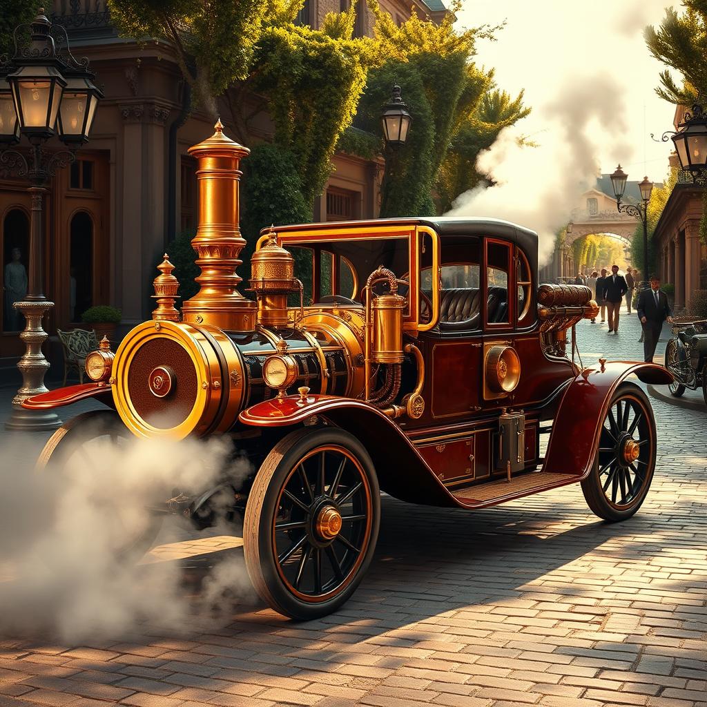 A luxurious steampunk car, beautifully designed with ornate brass details, intricate gears and tubes, and vintage leather upholstery