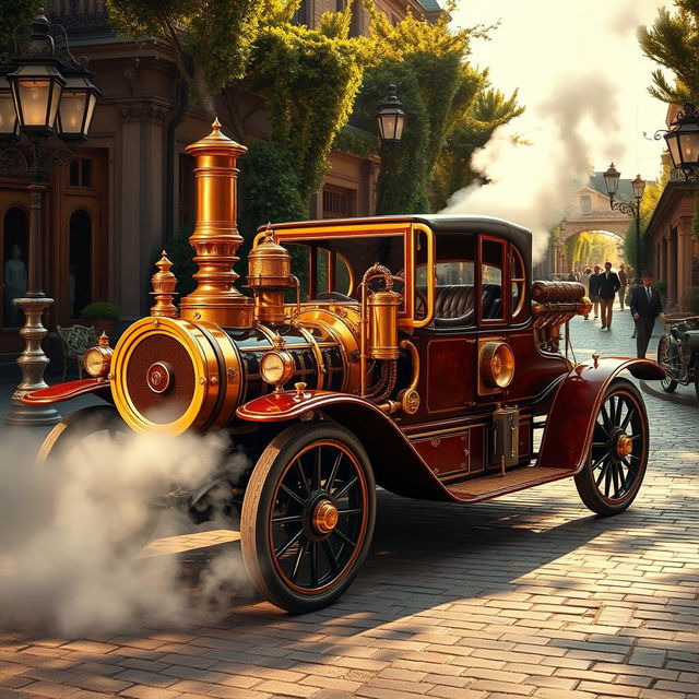 A luxurious steampunk car, beautifully designed with ornate brass details, intricate gears and tubes, and vintage leather upholstery