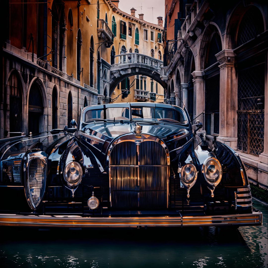 Close-up editorial shot of a traditional black hearse in Venice, captured in Amy Shore's distinctive style in 32k HD.