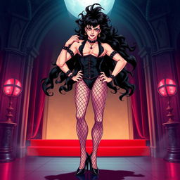 A full-body illustration of Frank-N-Furter from 'The Rocky Horror Picture Show' in anime style, showcasing him in a striking pose while wearing high heels