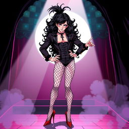 A full-body illustration of Frank-N-Furter from 'The Rocky Horror Picture Show' in anime style, showcasing him in a striking pose while wearing high heels