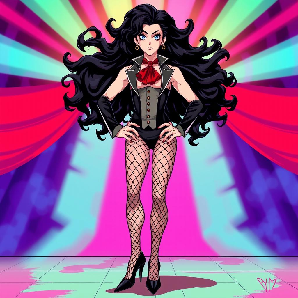 A full-body illustration of Frank-N-Furter from 'The Rocky Horror Picture Show' in anime style, depicted standing confidently in high heels