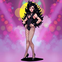 A full-body illustration of Frank-N-Furter from 'The Rocky Horror Picture Show' in anime style, depicted standing confidently in high heels