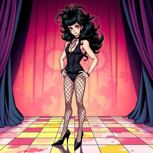 A full-body illustration of Frank-N-Furter from 'The Rocky Horror Picture Show' in anime style, depicted standing confidently in high heels