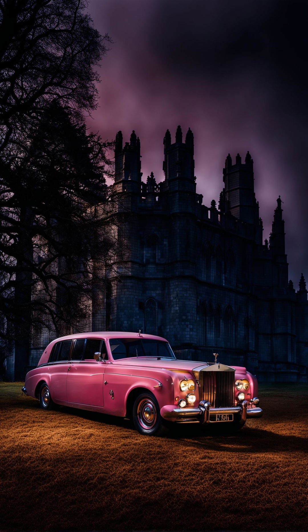 A professional photograph of a 1950s neon pink glossy Rolls Royce hearse parked in front of a detailed gothic castle with lights on shining through ground-level fog, set on a decrepit estate.