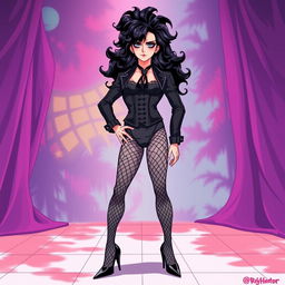 A full-body illustration of Frank-N-Furter from 'The Rocky Horror Picture Show' in anime style, depicted standing confidently in high heels