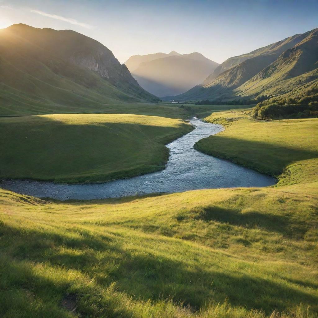 A sunny landscape with a luscious green meadow, a sparkling blue river winding through it and mountains in the background, lit by a golden sunrise.