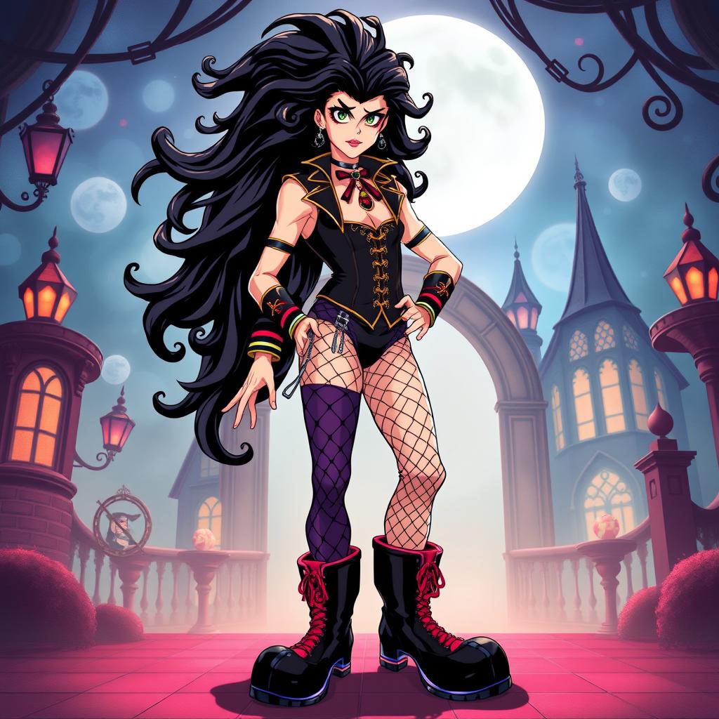 A full-body illustration of Frank-N-Furter from 'The Rocky Horror Picture Show' in anime style, depicted standing confidently in massive footwear