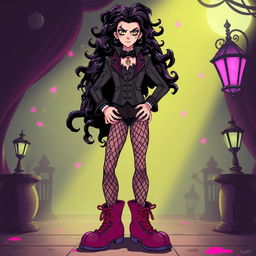 A full-body illustration of Frank-N-Furter from 'The Rocky Horror Picture Show' in anime style, depicted standing confidently in massive footwear