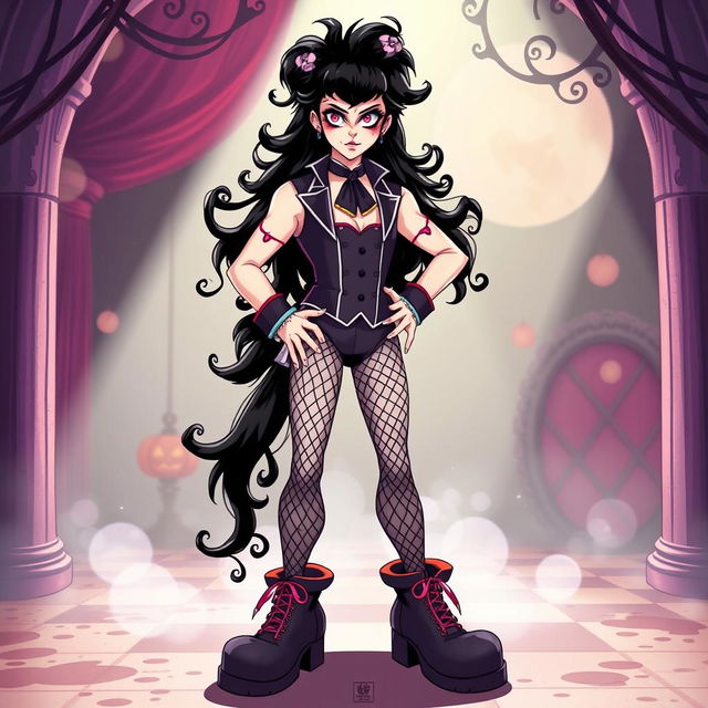 A full-body illustration of Frank-N-Furter from 'The Rocky Horror Picture Show' in anime style, depicted standing confidently in massive footwear