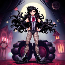 A full-body illustration of Frank-N-Furter from 'The Rocky Horror Picture Show' in anime style, depicted standing confidently in massive footwear