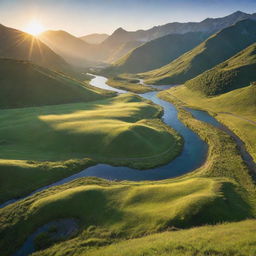 A sunny landscape with a luscious green meadow, a sparkling blue river winding through it and mountains in the background, lit by a golden sunrise.