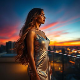 A glamorous girl with long wavy hair, wearing a shimmering silver dress, standing confidently on a city rooftop at sunset