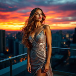 A glamorous girl with long wavy hair, wearing a shimmering silver dress, standing confidently on a city rooftop at sunset