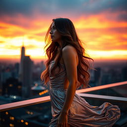 A glamorous girl with long wavy hair, wearing a shimmering silver dress, standing confidently on a city rooftop at sunset