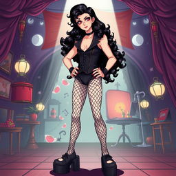 A full-body illustration of Frank-N-Furter from 'The Rocky Horror Picture Show' in anime style, standing confidently in oversized platform shoes