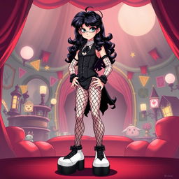 A full-body illustration of Frank-N-Furter from 'The Rocky Horror Picture Show' in anime style, standing confidently in oversized platform shoes