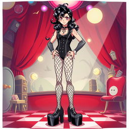 A full-body illustration of Frank-N-Furter from 'The Rocky Horror Picture Show' in anime style, standing confidently in oversized platform shoes