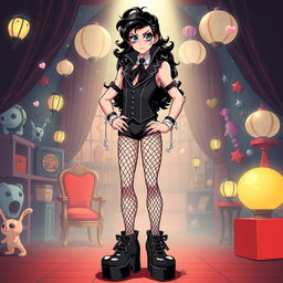 A full-body illustration of Frank-N-Furter from 'The Rocky Horror Picture Show' in anime style, standing confidently in oversized platform shoes