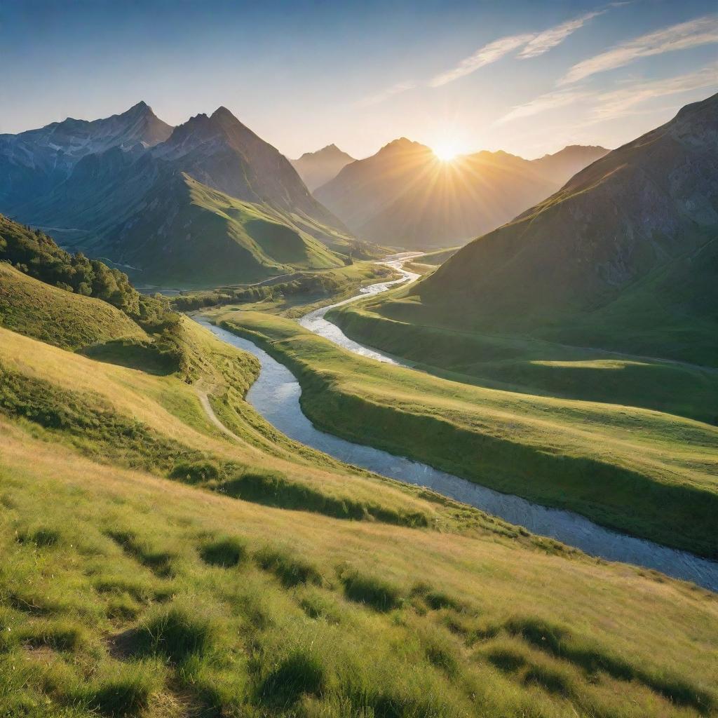 A sunny landscape with a luscious green meadow, a sparkling blue river winding through it and mountains in the background, lit by a golden sunrise.