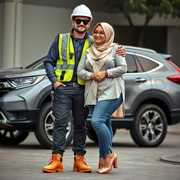 A scene featuring a slim man wearing black sunglasses in a full construction outfit, including a safety vest, helmet, and safety shoes