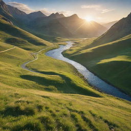 A sunny landscape with a luscious green meadow, a sparkling blue river winding through it and mountains in the background, lit by a golden sunrise.