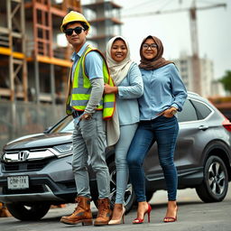 A scene showcasing a slim man wearing black sunglasses in a complete construction uniform, including a safety vest, helmet, and safety shoes