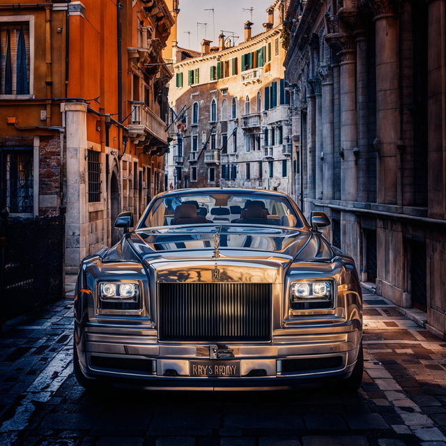 32k HD editorial photograph featuring a close-up shot of a Rolls Royce hearse in Venice, captured by Amy Shore.