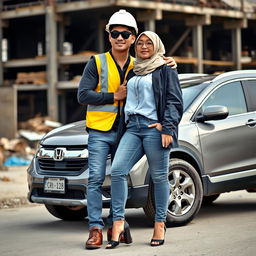 A scene showcasing a slim man wearing black sunglasses in a complete construction uniform, including a safety vest, helmet, and safety shoes