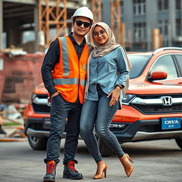 A scene showcasing a slim man wearing black sunglasses in a complete construction uniform, including a safety vest, helmet, and safety shoes