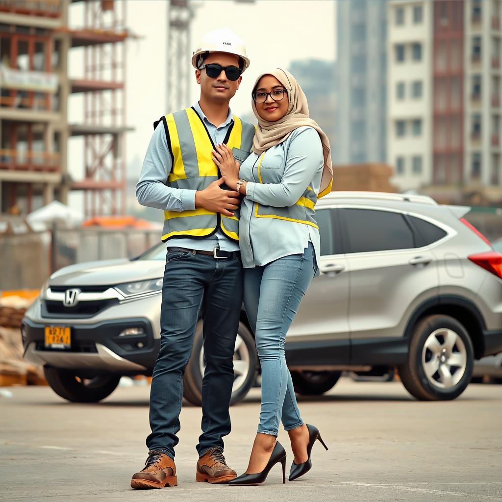 A scene depicting a slim man wearing black sunglasses in a complete construction uniform, including a safety vest, helmet, and safety shoes