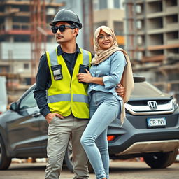 A scene depicting a slim man wearing black sunglasses in a complete construction uniform, including a safety vest, helmet, and safety shoes