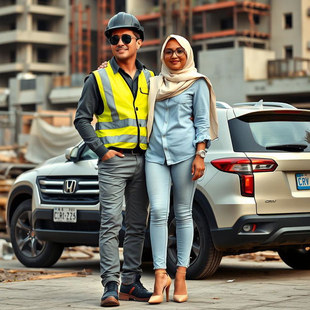 A scene depicting a slim man wearing black sunglasses in a complete construction uniform, including a safety vest, helmet, and safety shoes