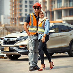 A scene depicting a slim man wearing black sunglasses in a complete construction uniform, including a safety vest, helmet, and safety shoes