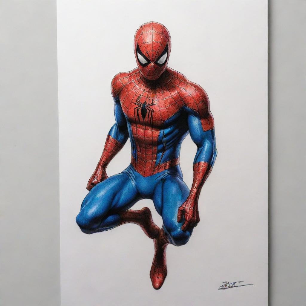 A high-quality, detailed drawing of Spiderman, energetically poised for action, sized to 8cm x 2cm.