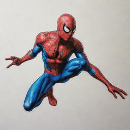 A high-quality, detailed drawing of Spiderman, energetically poised for action, sized to 8cm x 2cm.