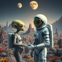 A captivating scene depicting an astronaut in a sleek space suit engaging in a friendly conversation with a curious extraterrestrial being