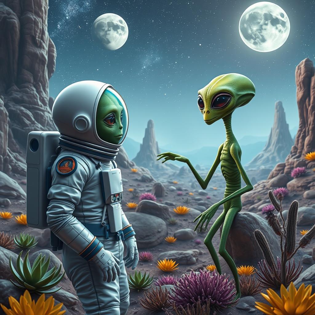 A captivating scene depicting an astronaut in a sleek space suit engaging in a friendly conversation with a curious extraterrestrial being