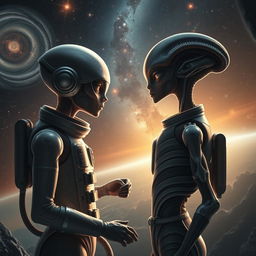 A striking scene featuring a humanoid astronaut in a sleek, high-tech space suit engaged in a deep conversation with a distinctly designed extraterrestrial being