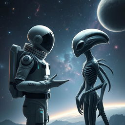 A striking scene featuring a humanoid astronaut in a sleek, high-tech space suit engaged in a deep conversation with a distinctly designed extraterrestrial being