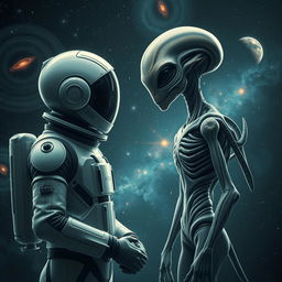 A striking scene featuring a humanoid astronaut in a sleek, high-tech space suit engaged in a deep conversation with a distinctly designed extraterrestrial being