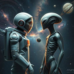 A striking scene featuring a humanoid astronaut in a sleek, high-tech space suit engaged in a deep conversation with a distinctly designed extraterrestrial being